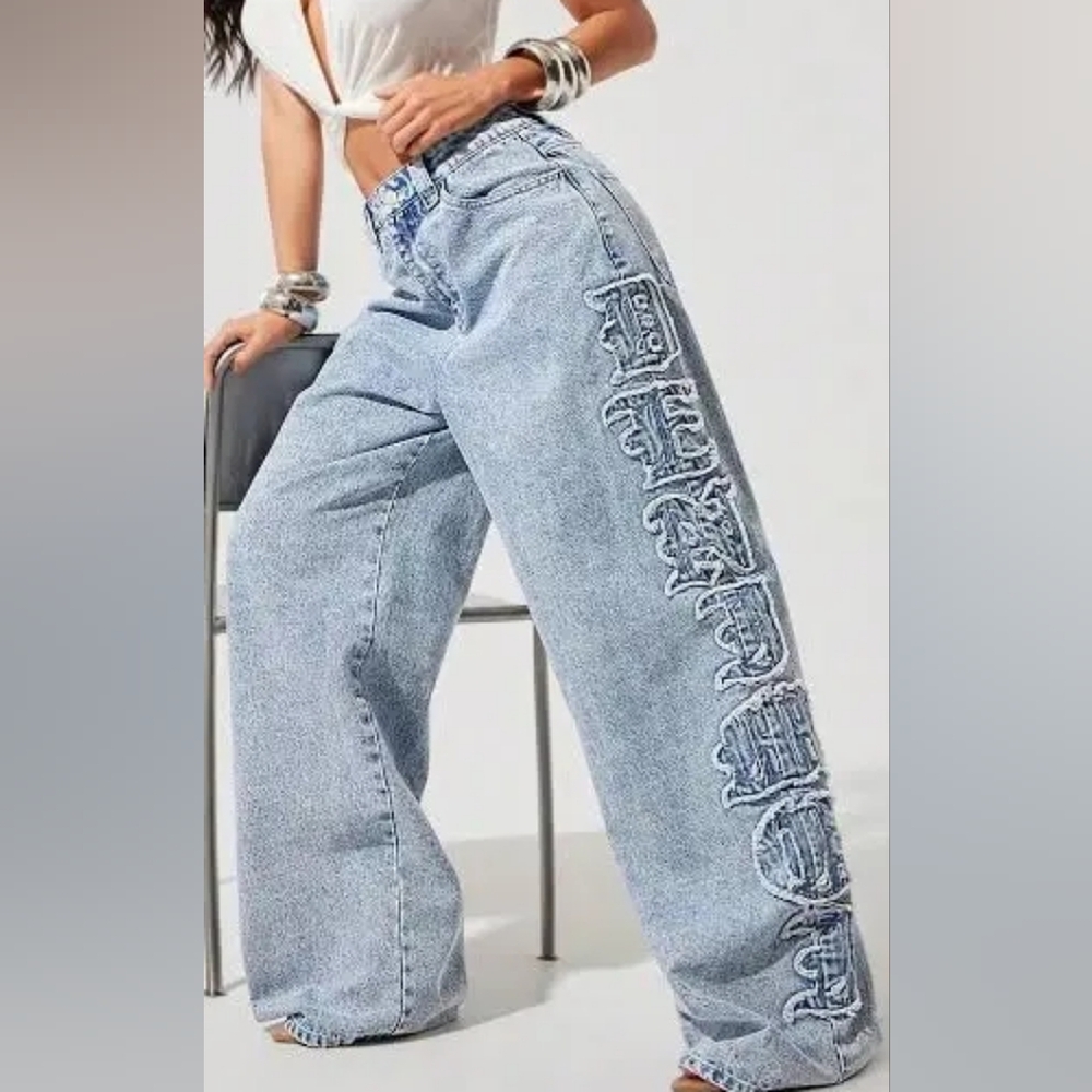 Shein Denimoi Verbiage Frayed Patches Baggy Fit Denim Jeans Nwt